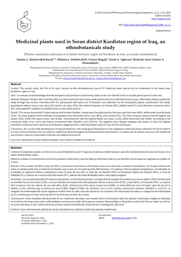 Medicinal plants used in Soran district Kurdistan region of Iraq, an ethnobotanicals study