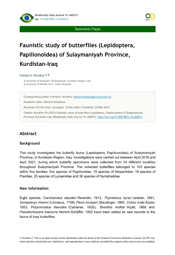 Faunistic Study of Butterflies (Lepidoptera, Papilionoidea) of Sulaymaniyah Province, Kurdistan-Iraq