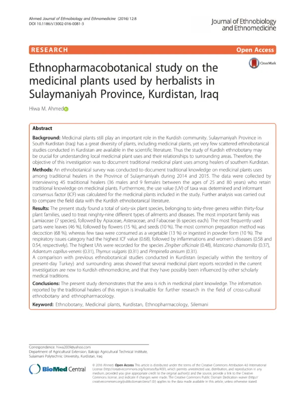 Ethnopharmacobotanical Study on the Medicinal Plants Used by Herbalists in Sulaymaniyah Province, Kurdistan, Iraq