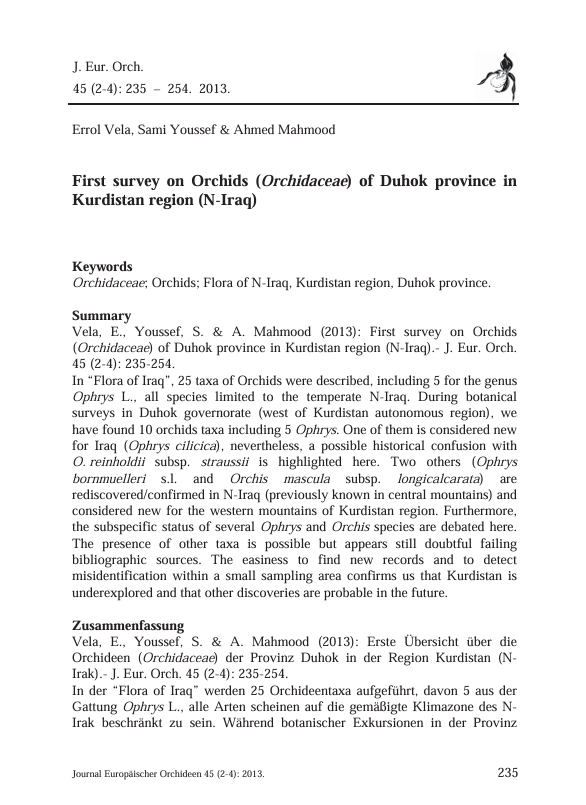 First Survey on Orchids (Orchidaceae) of Duhok Province in Kurdistan Region (N-Iraq)